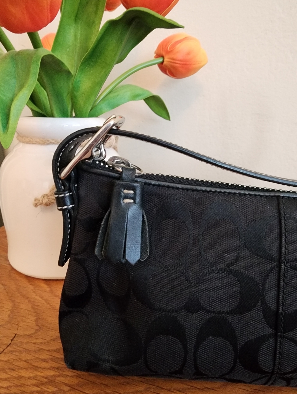 👜VINTAGE COACH Hampton signature jacquard! LIKE NEW! Black, Leather COACH Tag - Picture 6 of 8